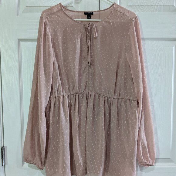 Torrid Women's Sheer Dusty Pink Tunic, Size 2, Peplum Style, Vneck, Long Sleeve - Picture 2 of 16